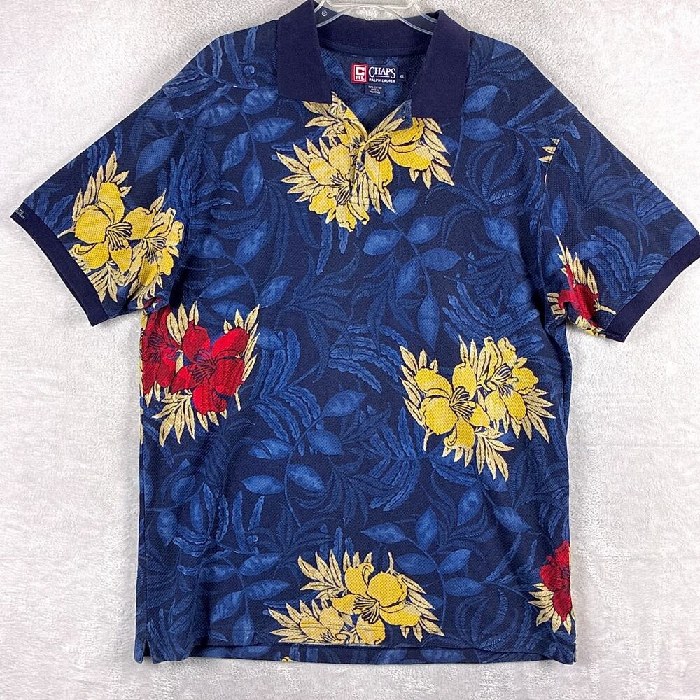 VTG Chaps Ralph Lauren Polo Shirt Mens XL Blue Yellow Floral Hawaiian Pique 90s